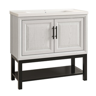 Single Bathroom Vanity, 36 In, with White Ceramic Sink and Black Hardware