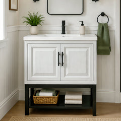 Single Bathroom Vanity, 36 In, with White Ceramic Sink and Black Hardware