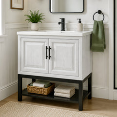 Single Bathroom Vanity, 36 In, with White Ceramic Sink and Black Hardware