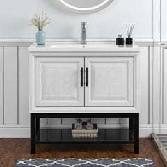 Single Bathroom Vanity, 36 In, with White Ceramic Sink and Black Hardware