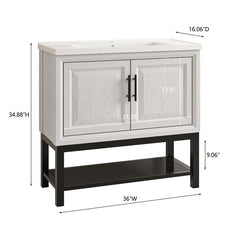 Single Bathroom Vanity, 36 In, with White Ceramic Sink and Black Hardware