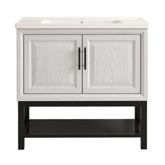 Single Bathroom Vanity, 36 In, with White Ceramic Sink and Black Hardware
