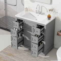Single Bathroom Vanity, 36 Inch, Gray with White Ceramic Sink