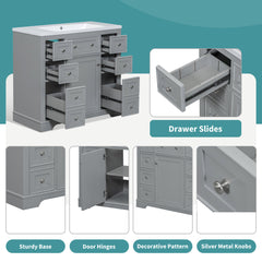 Single Bathroom Vanity, 36 Inch, Gray with White Ceramic Sink