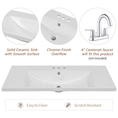 Single Bathroom Vanity, 36 Inch, Gray with White Ceramic Sink