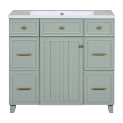 Single Bathroom Vanity, 36 Inch, Green with White Ceramic Top and Brushed Gold Hardware