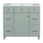 Single Bathroom Vanity, 36 Inch, Green with White Ceramic Top and Brushed Gold Hardware