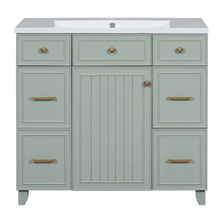 Single Bathroom Vanity, 36 Inch, Green with White Ceramic Top and Brushed Gold Hardware