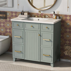 Single Bathroom Vanity, 36 Inch, Green with White Ceramic Top and Brushed Gold Hardware