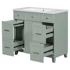 Single Bathroom Vanity, 36 Inch, Green with White Ceramic Top and Brushed Gold Hardware