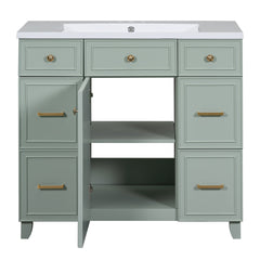 Single Bathroom Vanity, 36 Inch, Green with White Ceramic Top and Brushed Gold Hardware