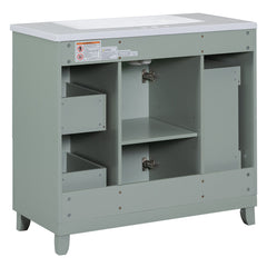 Single Bathroom Vanity, 36 Inch, Green with White Ceramic Top and Brushed Gold Hardware