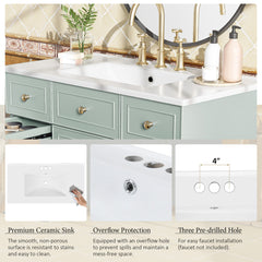 Single Bathroom Vanity, 36 Inch, Green with White Ceramic Top and Brushed Gold Hardware