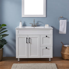 Single Bathroom Vanity, 36-Inch, Matte White with Sink and Black Pulls