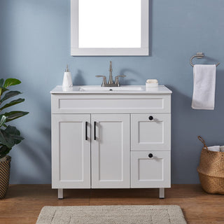 Single Bathroom Vanity, 36-Inch, Matte White with Sink and Black Pulls
