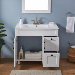 Single Bathroom Vanity, 36-Inch, Matte White with Sink and Black Pulls
