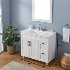 Single Bathroom Vanity, 36-Inch, Matte White with Sink and Black Pulls