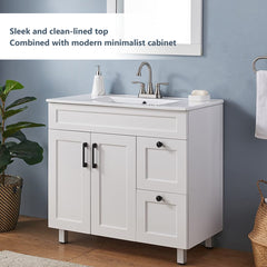 Single Bathroom Vanity, 36-Inch, Matte White with Sink and Black Pulls