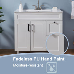 Single Bathroom Vanity, 36-Inch, Matte White with Sink and Black Pulls