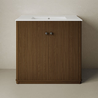 Single Bathroom Vanity, Lafayette, 36 Inch, Drop-In Ceramic Sink, Walnut