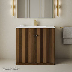 Single Bathroom Vanity, Lafayette, 36 Inch, Drop-In Ceramic Sink, Walnut