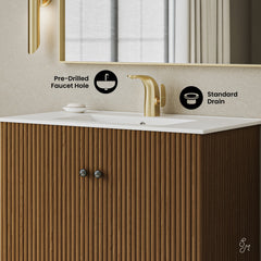 Single Bathroom Vanity, Lafayette, 36 Inch, Drop-In Ceramic Sink, Walnut