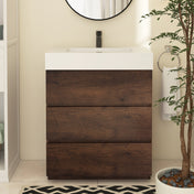 Single Bathroom Vanity with 3 Drawers, Walnut Base and White Solid Surface Top