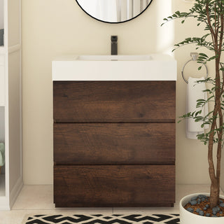 Single Bathroom Vanity with 3 Drawers, Walnut Base and White Solid Surface Top