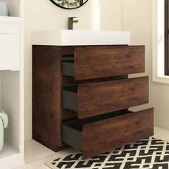 Single Bathroom Vanity with 3 Drawers, Walnut Base and White Solid Surface Top