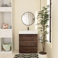 Single Bathroom Vanity with 3 Drawers, Walnut Base and White Solid Surface Top