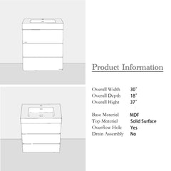 Single Bathroom Vanity with 3 Drawers, Walnut Base and White Solid Surface Top