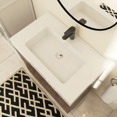 Single Bathroom Vanity with 3 Drawers, Walnut Base and White Solid Surface Top