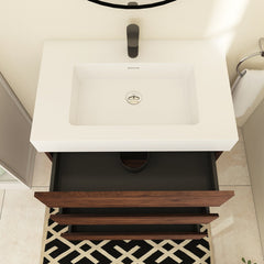 Single Bathroom Vanity with 3 Drawers, Walnut Base and White Solid Surface Top