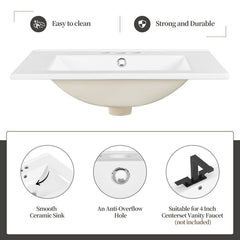 Single Bathroom Vanity with Ceramic Sink, 24 Inch Wide, White