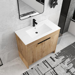 Single Bathroom Vanity with Drop-In Ceramic Sink in Brown and Glossy White