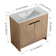 Single Bathroom Vanity with Drop-In Ceramic Sink in Brown and Glossy White
