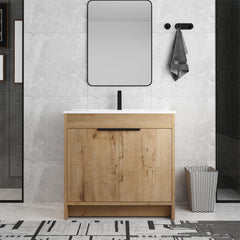 Single Bathroom Vanity with Drop-In Ceramic Sink in Brown and Glossy White