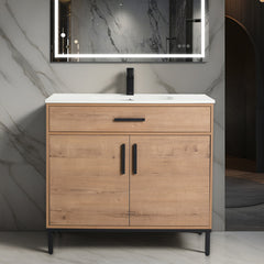 Single Bathroom Vanity with Drop-In Sink, Natural Plywood Base with White Top