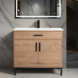 Single Bathroom Vanity with Drop-In Sink, Natural Plywood Base with White Top