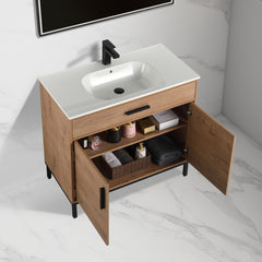 Single Bathroom Vanity with Drop-In Sink, Natural Plywood Base with White Top