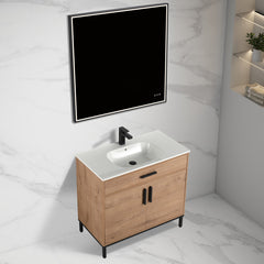 Single Bathroom Vanity with Drop-In Sink, Natural Plywood Base with White Top