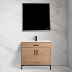 Single Bathroom Vanity with Drop-In Sink, Natural Plywood Base with White Top
