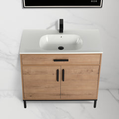 Single Bathroom Vanity with Drop-In Sink, Natural Plywood Base with White Top