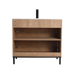 Single Bathroom Vanity with Drop-In Sink, Natural Plywood Base with White Top