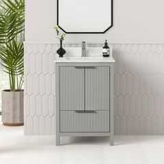 Single Bathroom Vanity with White Quartz Top and Gray Rubberwood Base