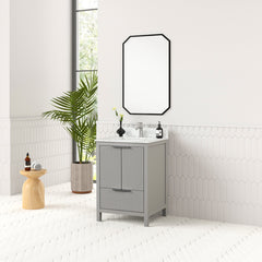 Single Bathroom Vanity with White Quartz Top and Gray Rubberwood Base