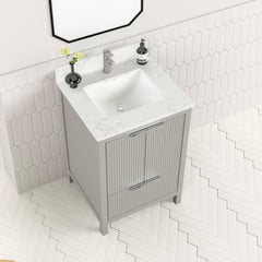 Single Bathroom Vanity with White Quartz Top and Gray Rubberwood Base