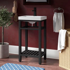 Single Bathroom Vanity with White Resin Top and Black Metal Base
