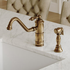 Single-Hole Kitchen Faucet with Side Spray and Lever Handle in Antique Brass