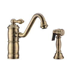 Single-Hole Kitchen Faucet with Side Spray and Lever Handle in Antique Brass